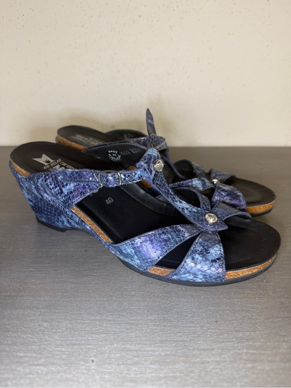 Mephisto Nazli Sandals Shoes Womens Size 9.5 US 40  Blue Navy Snake Wedge Gems